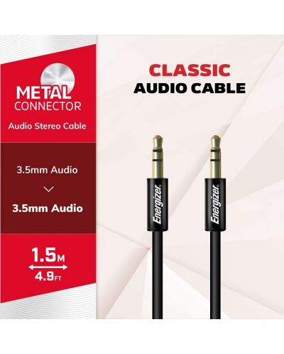 Аудио кабел Energizer - 3.5 mm/3.5 mm, 1.5 m, черен - 8