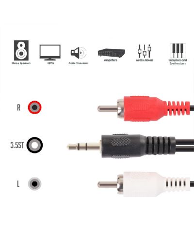 Аудио кабел VCom - CV212, жак 3.5 mm/2x RCA, 5 m, черен/бял/червен - 2