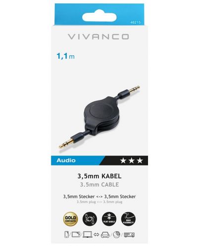 Аудио кабел Vivanco - жак 3.5 mm/жак 3.5 mm, с ролка, 1.1 m, черен - 1