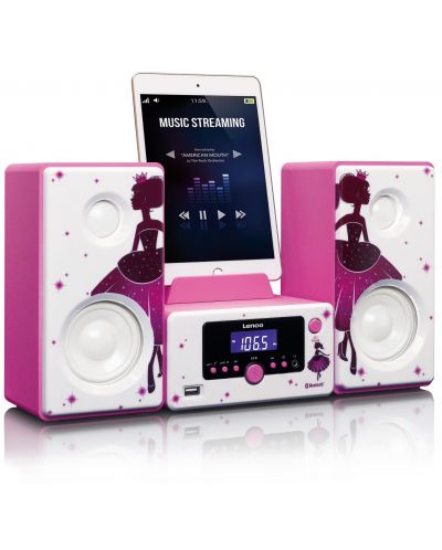 Аудио система Lenco - MC-020 Princess, 2.0, розова/бяла - 3