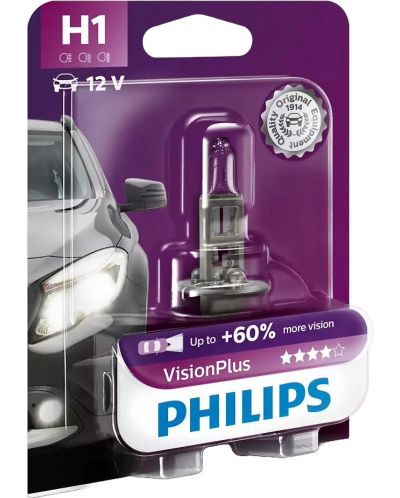 Автомобилна крушка Philips - H1, Vision plus +60% more light, 12V, 55W, P14.5s - 1