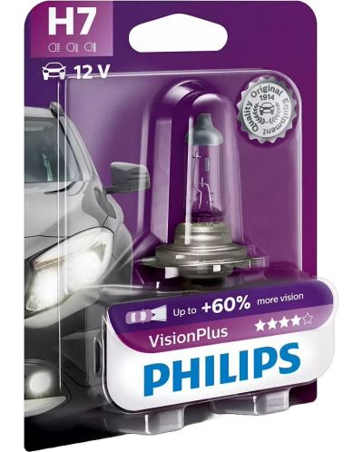 Автомобилна крушка Philips - H7, Vision plus +60% more light, 12V, 55W, PX26d - 1
