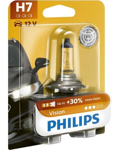 Автомобилна крушка Philips - H7, Vision +30% more light, 12V, 55W, PX26d - 1