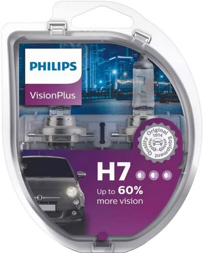 Автомобилни крушки Philips - H7, Vision plus +60% more light, 12V, 55W, 2 броя - 1