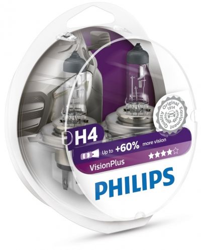 Автомобилни крушки Philips - H4, Vision plus +60% more light, 12V, 60/55W, P43t-38, 2 броя - 1