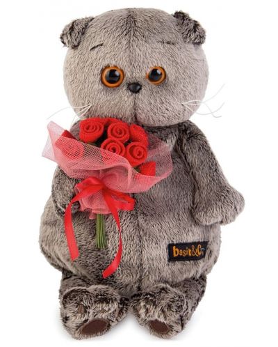 Плюшена играчка Budi Basa - Коте Басик, с букет рози, 22 cm - 1