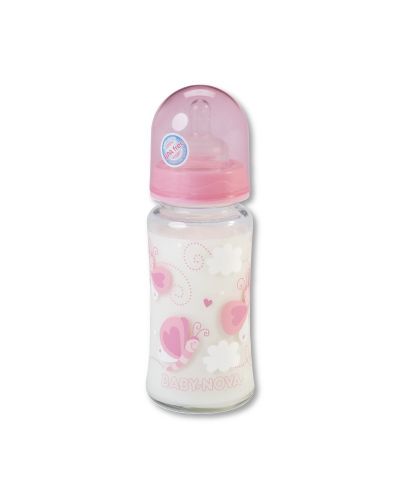 Стъклено шише Baby Nova - 230 ml, розово - 1