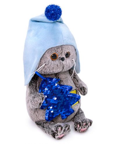 Плюшена играчка Budi Basa - Коте Басик бебе с шапка и елха от пайети, 20 cm - 3