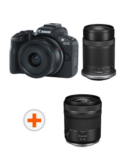 Безогледален фотоапарат Canon - EOS R50 + RF-S 18-45mm, f/4.5-6.3 IS STM + 55-210mm, f/5-7.1 IS STM + Обектив Canon - RF, 15-30mm, f/4.5-6.3 IS STM - 1