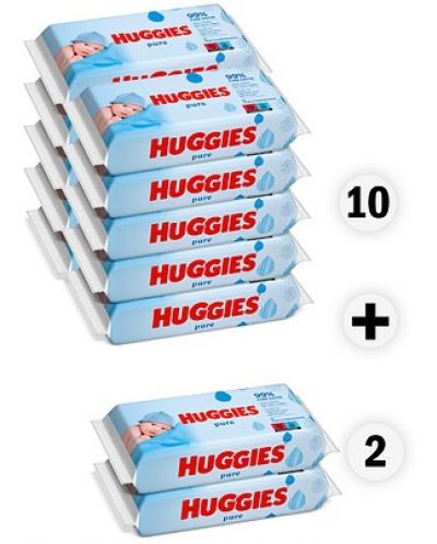 Бебешки мокри кърпички Huggies - Pure, 12  x 56 броя - 1