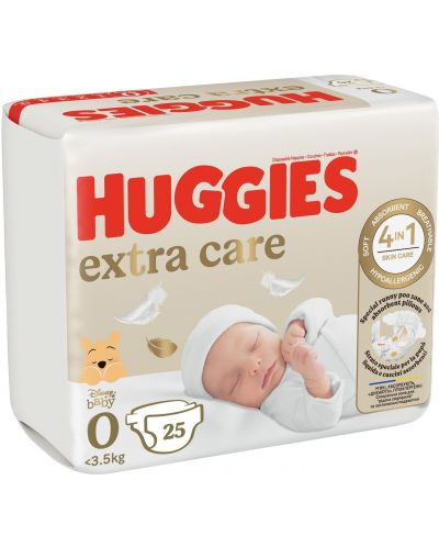 Бебешки пелени Huggies Extra Care - Размер 0, до 3.5 kg, 25 броя - 2