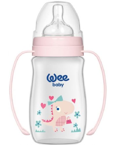 Бебешко шише с дръжки Wee Baby Classic Plus, PP, 250 ml., розово с динозавър - 1
