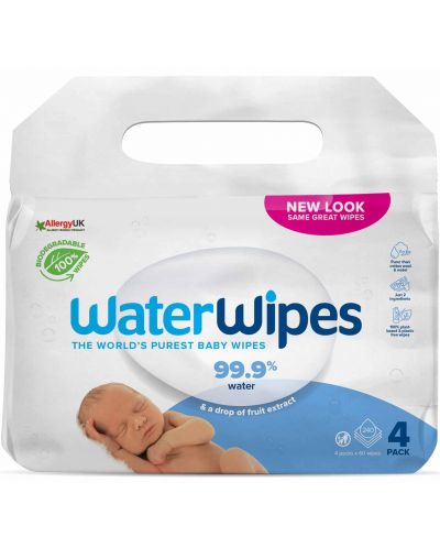 Бебешки почистващи кърпички Water Wipes Baby - Куатро, 4 х 60 броя - 1