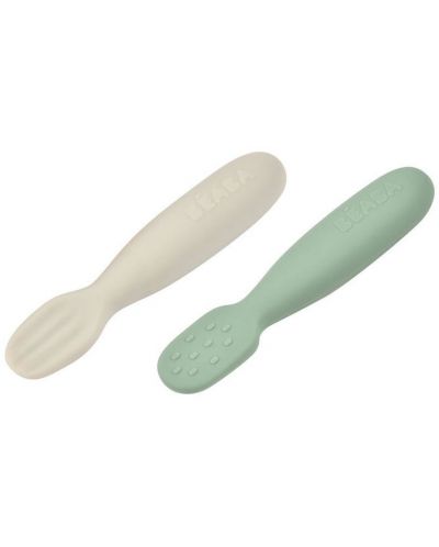 Бебешки силиконови лъжици Beaba - 2 броя, Sage green/Velvet grey - 1