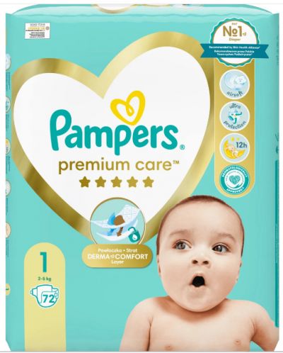 Бебешки пелени Pampers Premium Care - VP, Размер 1, 2-5 kg, 72 броя - 1