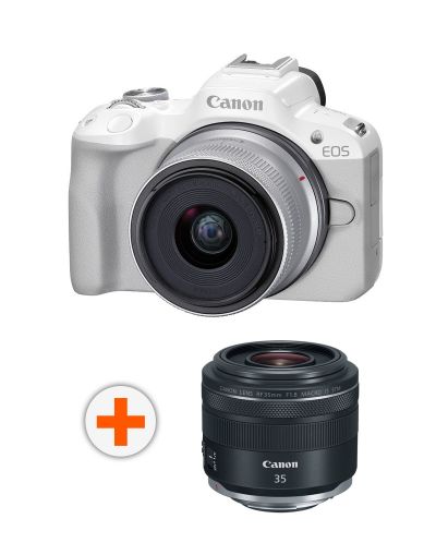 Безогледален фотоапарат Canon - EOS R50, RF-S 18-45mm, f/4.5-6.3 IS STM, бял + Обектив Canon - RF 35mm f/1.8 IS Macro STM - 1