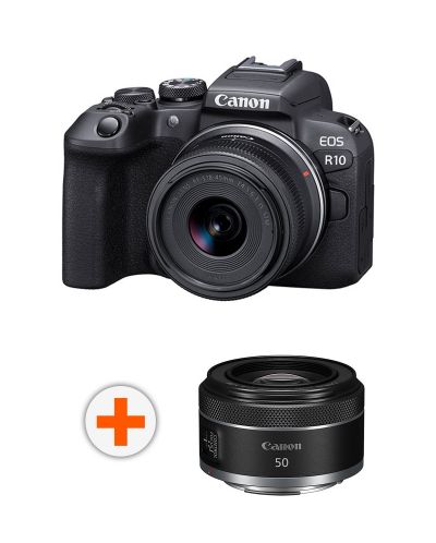 Безогледален фотоапарат Canon - EOS R10, 18-45mm STM, Black + Адаптер Canon EF-EOS R + Обектив Canon - RF 50mm, F/1.8 STM - 1