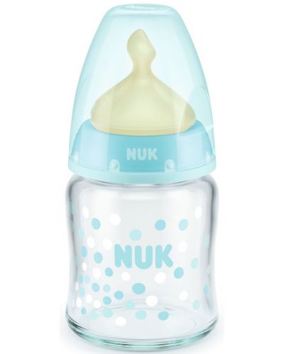 Стъклено шише Nuk First Choice - Синьо, каучук, 120 ml