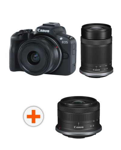 Безогледален фотоапарат Canon - EOS R50 + RF-S 18-45mm, f/4.5-6.3 IS STM + 55-210mm, f/5-7.1 IS STM + Обектив Canon - RF-S, 10-18mm, f/4.5-6.3, IS STM - 1