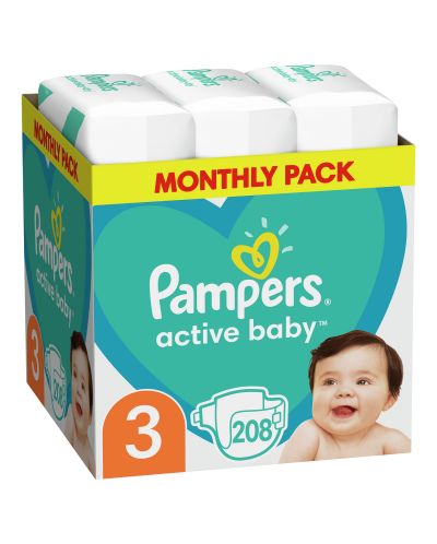 Бебешки пелени Pampers - Active Baby 3, 208 броя - 1