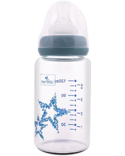 Бебешко стъклено шише Lorelli - Anti Colic, 120 ml, Moonlight Blue - 1