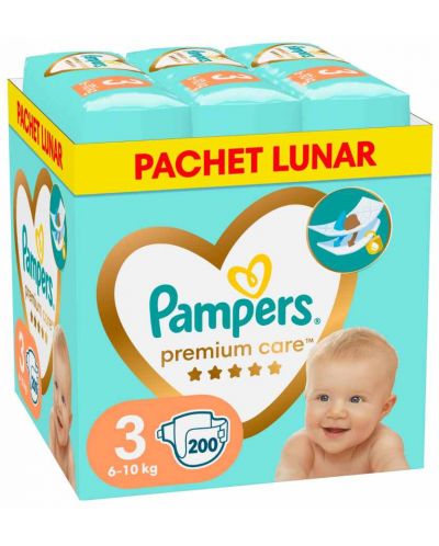 Бебешки пелени Pampers Premium Care - 3, XXL Box, 6-10 kg, 200 броя - 1