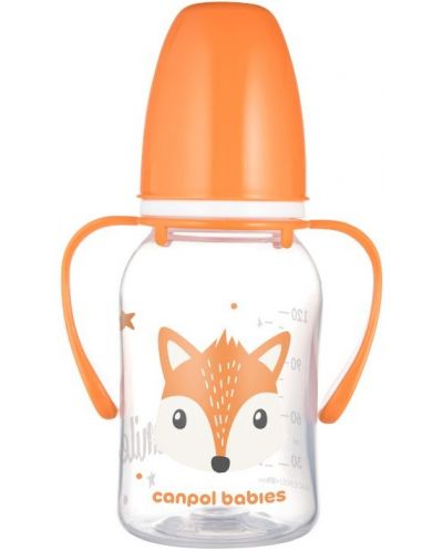 Бебешко шише с дръжки Canpol - Cute Animals, 120 ml, оранжево - 1