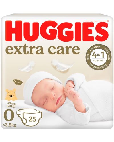Бебешки пелени Huggies Extra Care - Размер 0, до 3.5 kg, 25 броя - 1