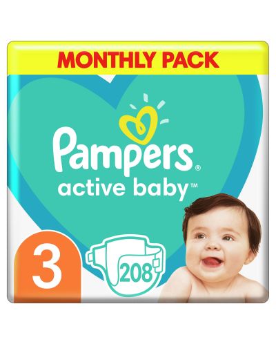 Бебешки пелени Pampers - Active Baby 3, 208 броя - 4
