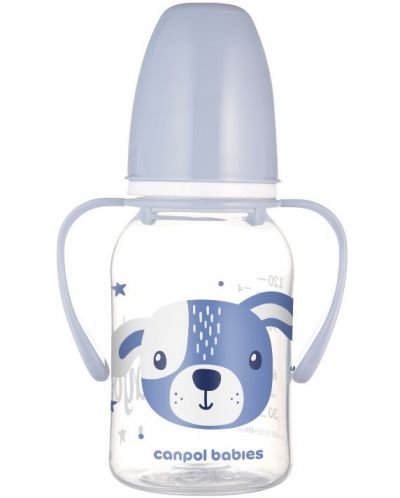 Бебешко шише с дръжки Canpol - Cute Animals, 120 ml, синьо - 1