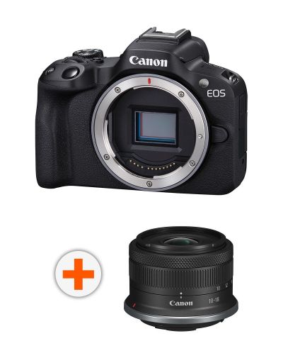 Безогледален фотоапарат Canon - EOS R50, 24.2MPx, черен + Обектив Canon - RF-S, 10-18mm, f/4.5-6.3, IS STM - 1