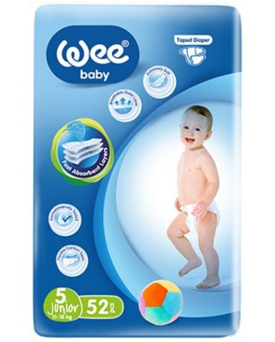 Бебешки пелени Wee Baby - Junior, размер 5, 11-18 kg, 52 броя  - 1
