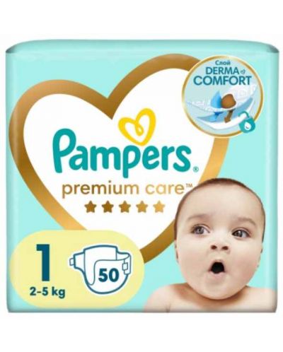 Бебешки пелени Pampers Premium Care - Размер 1, 2-5 kg, 50 броя - 1