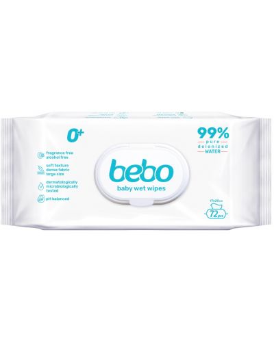 Влажни кърпички Bebo - С 99% вода, 72 броя