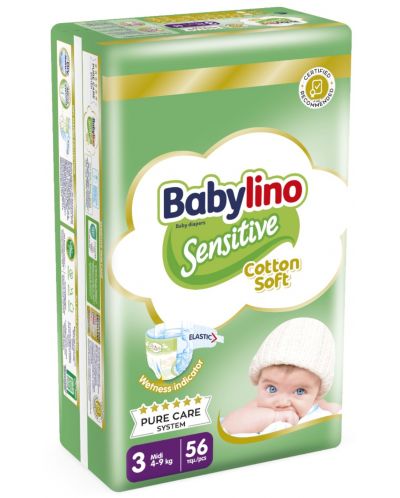 Бебешки пелени Babylino - Sensitive, Cotton Soft, VP, размер 3, 4-9 kg, 56 броя - 1