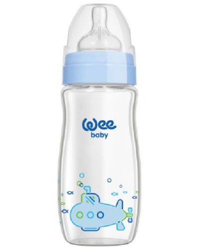 Бебешко шише от топлоустойчиво стъкло Wee Baby Classic Plus -  280 ml, синьо - 1