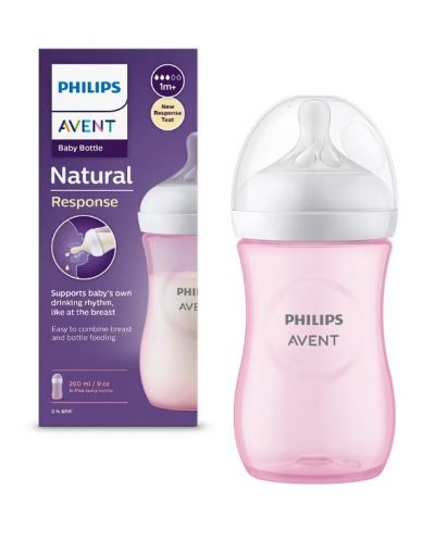 Бебешко шише Philips Avent - Natural Response 3.0, с биберон 1 m+, 260 ml, розово - 1