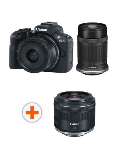 Безогледален фотоапарат Canon - EOS R50 + RF-S 18-45mm, f/4.5-6.3 IS STM + 55-210mm, f/5-7.1 IS STM + Обектив Canon - RF 35mm f/1.8 IS Macro STM - 1
