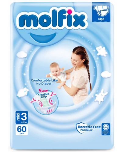 Бебешки пелени Molfix - Midi 3, 4-9 kg, 60 броя - 1