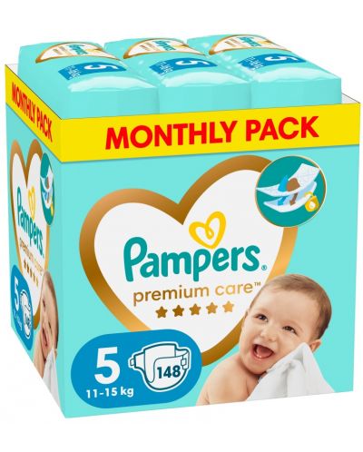 Бебешки пелени Pampers Premium Care - Monthly Pack, размер 5, 148 броя - 1