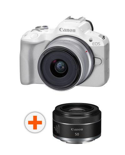 Безогледален фотоапарат Canon - EOS R50, RF-S 18-45mm, f/4.5-6.3 IS STM, бял + Обектив Canon - RF 50mm, F/1.8 STM - 1