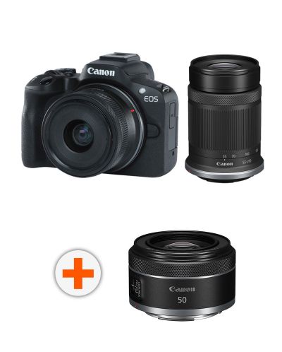 Безогледален фотоапарат Canon - EOS R50 + RF-S 18-45mm, f/4.5-6.3 IS STM + 55-210mm, f/5-7.1 IS STM + Обектив Canon - RF 50mm, F/1.8 STM - 1