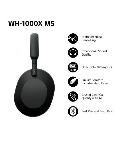 Безжични слушалки Sony - WH-1000XM5, Hard Case, ANC, черни | Ozone.bg
