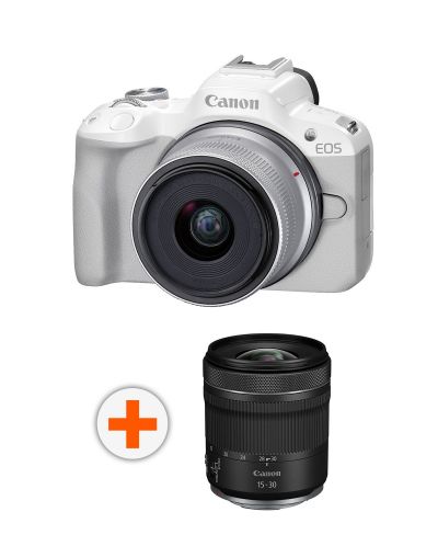 Безогледален фотоапарат Canon - EOS R50, RF-S 18-45mm, f/4.5-6.3 IS STM, бял + Обектив Canon - RF, 15-30mm, f/4.5-6.3 IS STM - 1