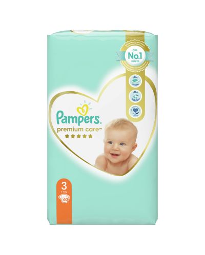 Бебешки пелени Pampers - Premium Care 3, 60 броя - 2