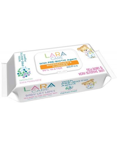 Бебешки мокри кърпи 99% вода Lara Care - Prebiotic, 60 броя - 1