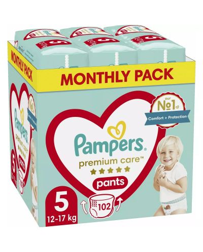 Бебешки пелени гащи Pampers Premium Care - Monthly pack, size 5, 102 броя - 1
