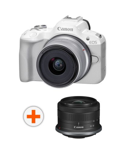 Безогледален фотоапарат Canon - EOS R50, RF-S 18-45mm, f/4.5-6.3 IS STM, бял + Обектив Canon - RF-S, 10-18mm, f/4.5-6.3, IS STM - 1