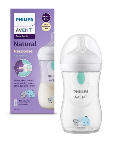 Бебешко шише Philips Avent - Natural Response 3.0, AirFree, 1m+, 260 ml, Слон - 1