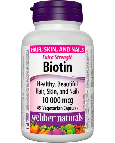 Biotin Extra Strength, 10 000 mcg, 45 капсули, Webber Naturals - 1